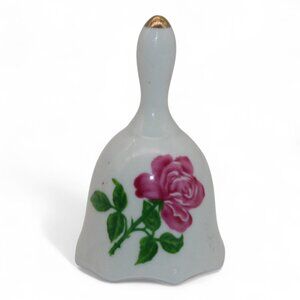 Vintage White Ceramic Bell W/ Pink Rose Design & Gold Accent Handle Made In Taiw